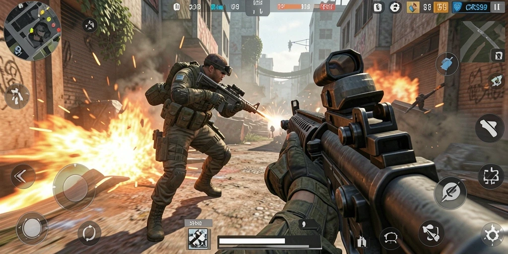 Tampilan gameplay intens dalam CRS99 dengan aksi tembak-menembak seru.