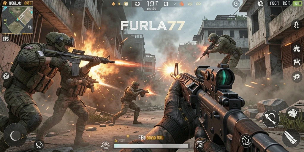 Screenshot menampilkan aksi intens dalam permainan FPS FURLA77.