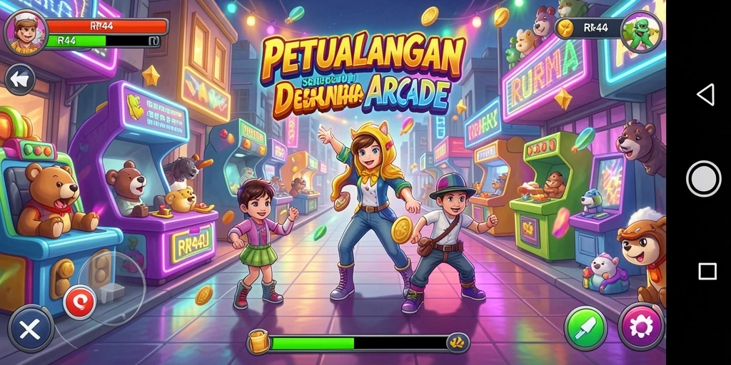 Screenshot gameplay RR44 menunjukkan aksi seru dan penuh warna.