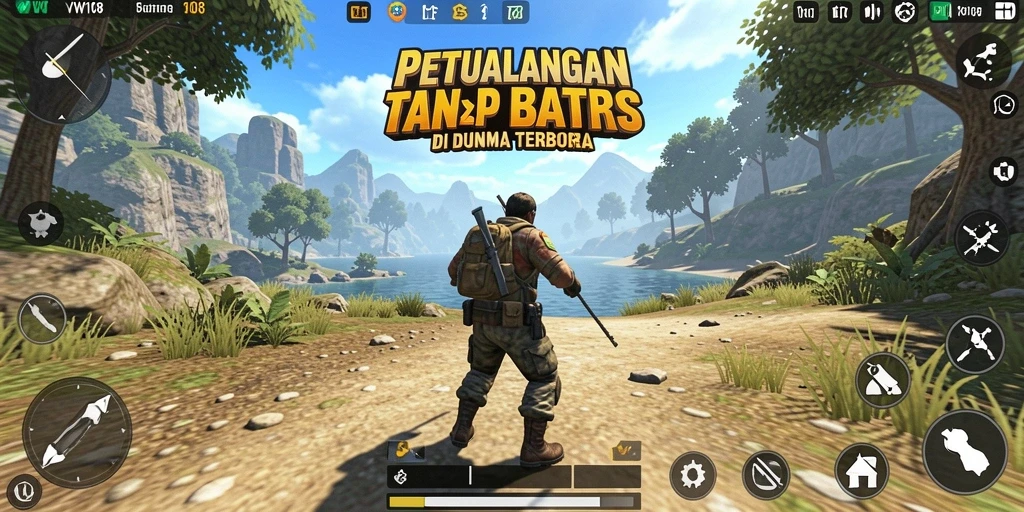 Screenshot gameplay VW108 dengan pemandangan dunia terbuka yang indah.